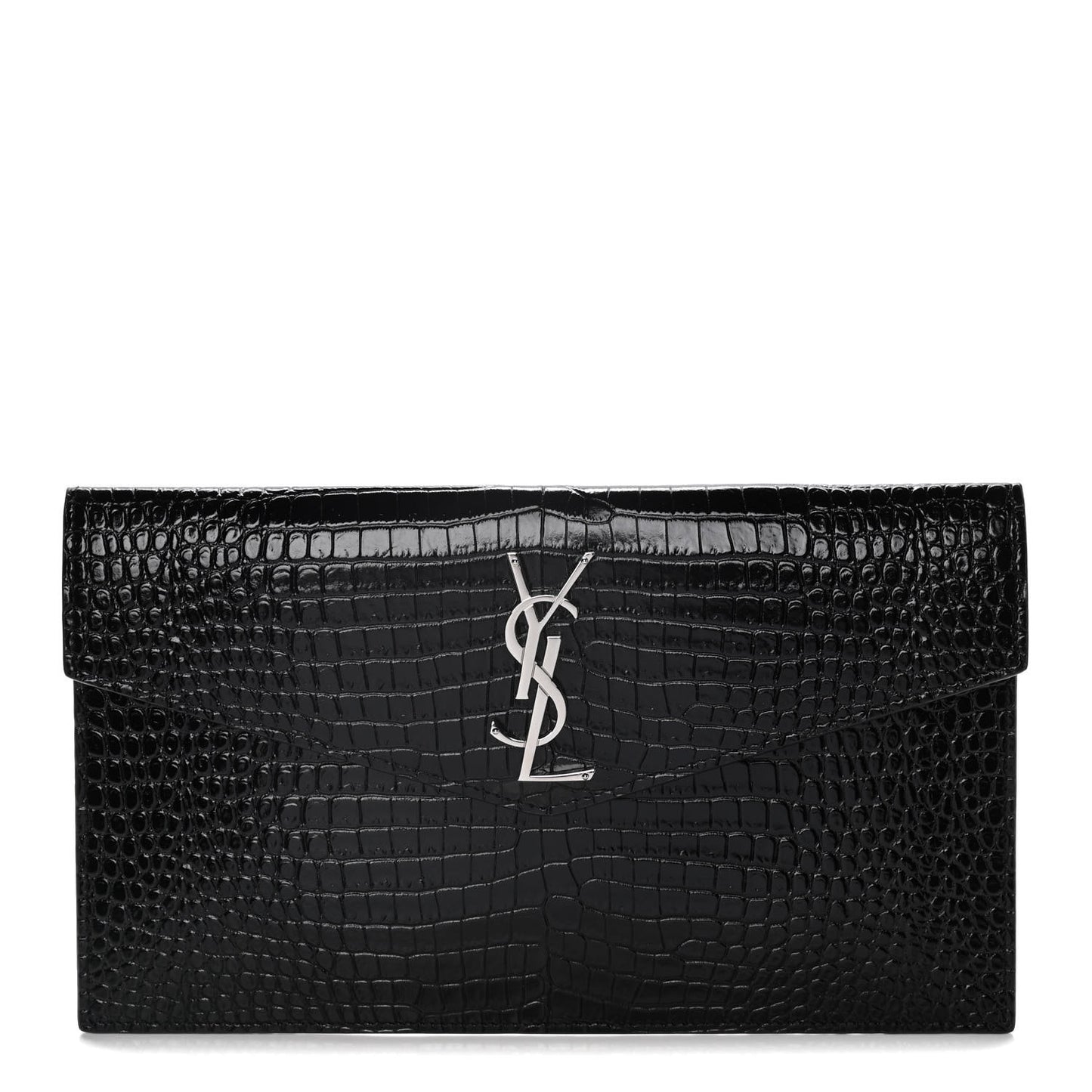 Calfskin Crocodile Embossed Uptown Monogram Clutch Black