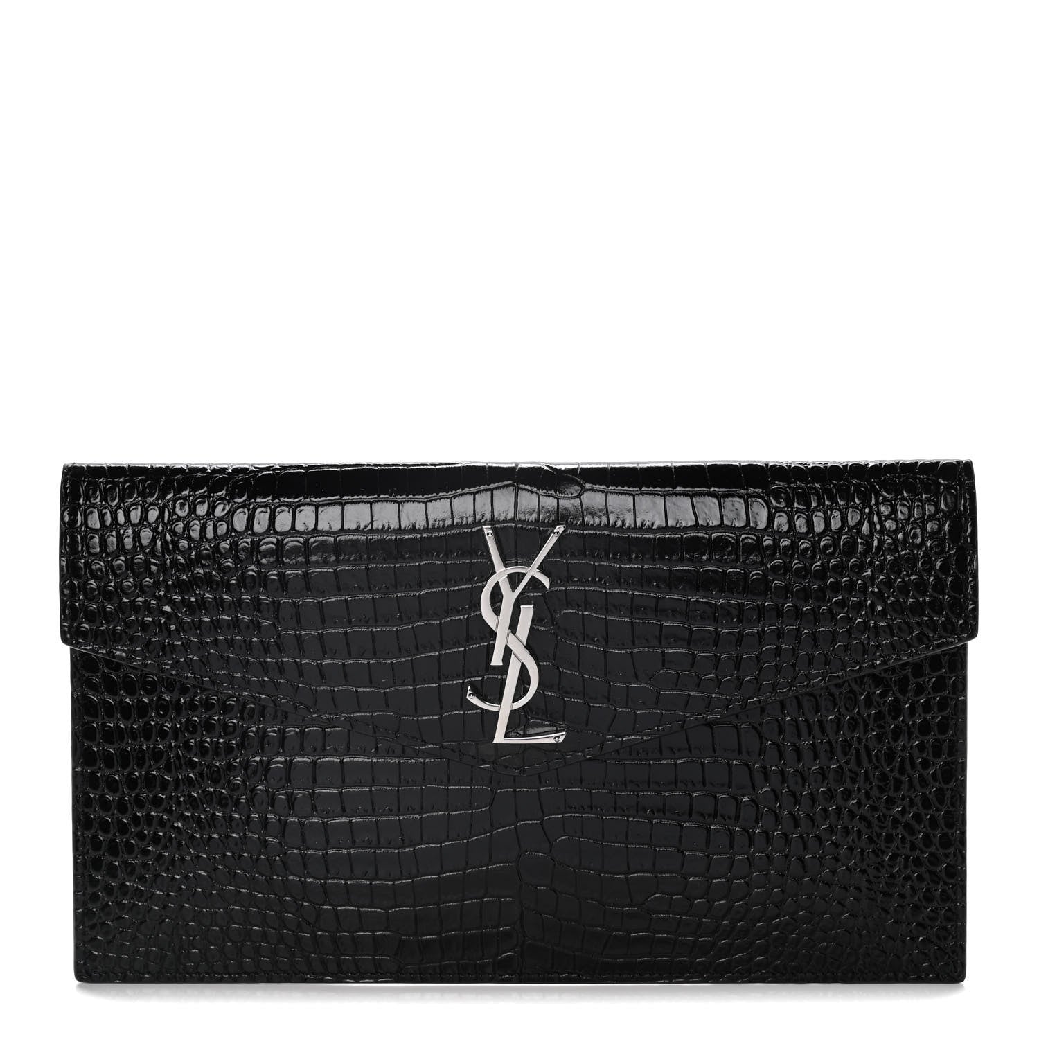 Saint Laurent Calfskin Crocodile Embossed Uptown Monogram Clutch Black 1 of 8