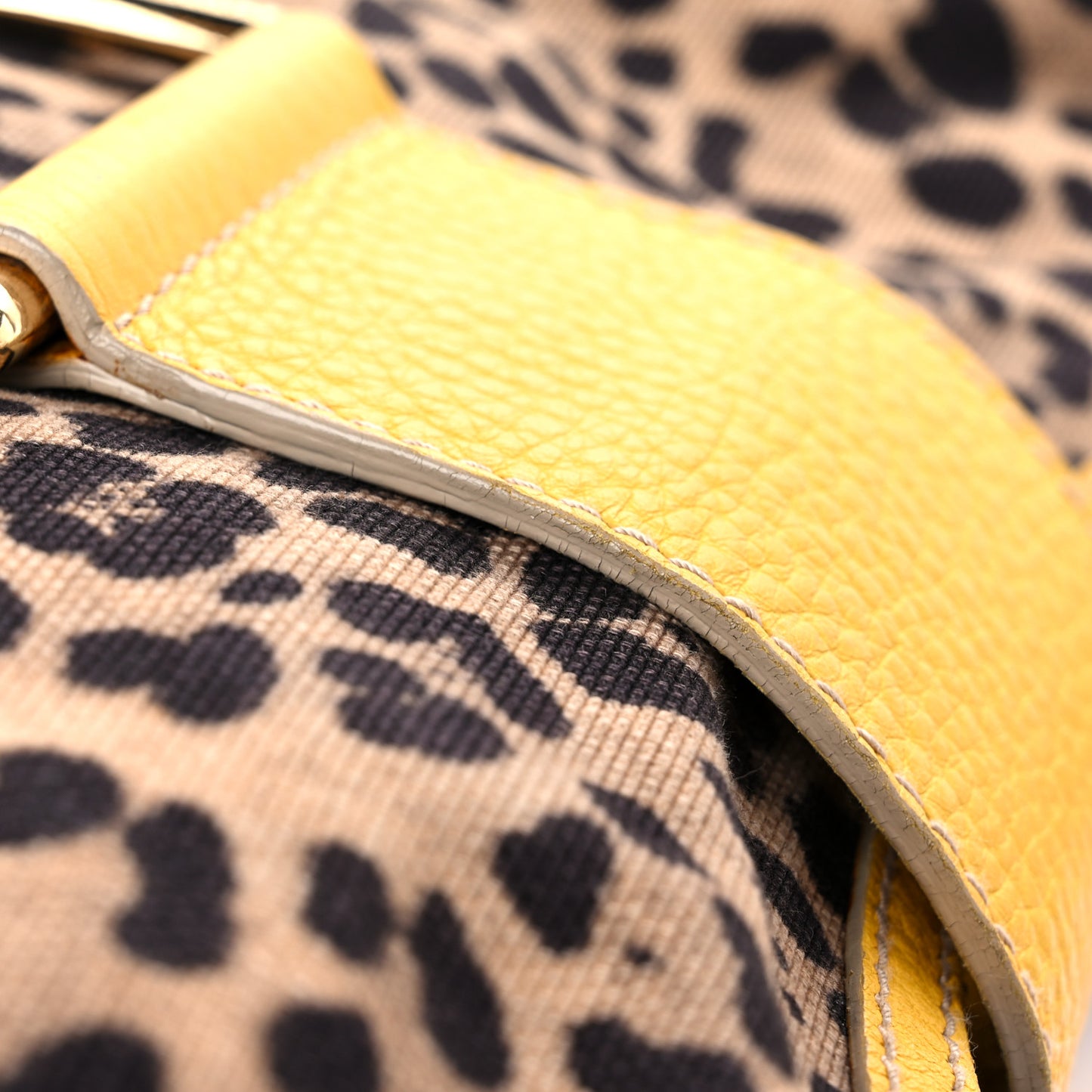 Calfskin Canvas Leopard Print Animalier Shoulder Bag Yellow