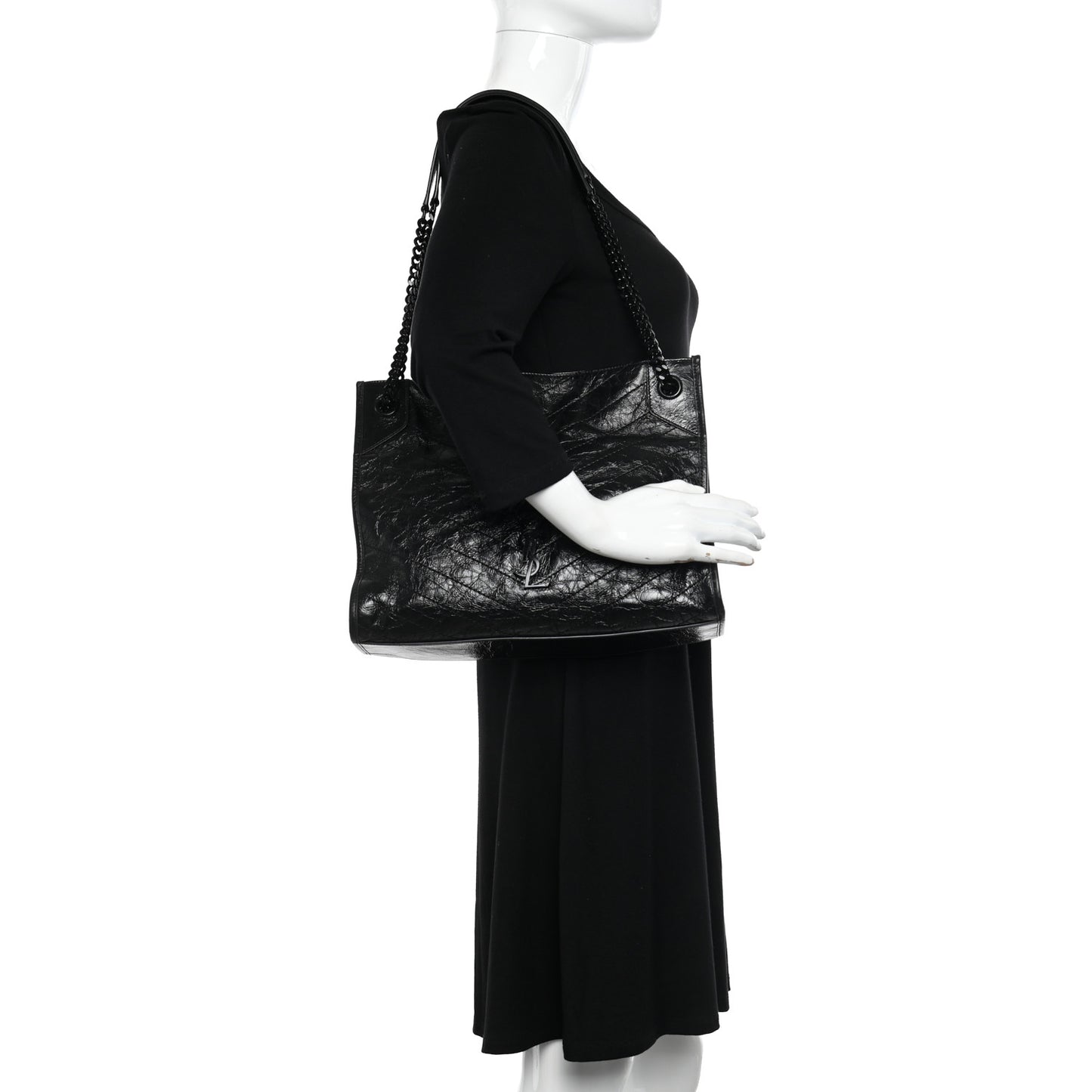 Crinkled Calfskin Matelasse Monogram Medium Niki Shopper Tote Black