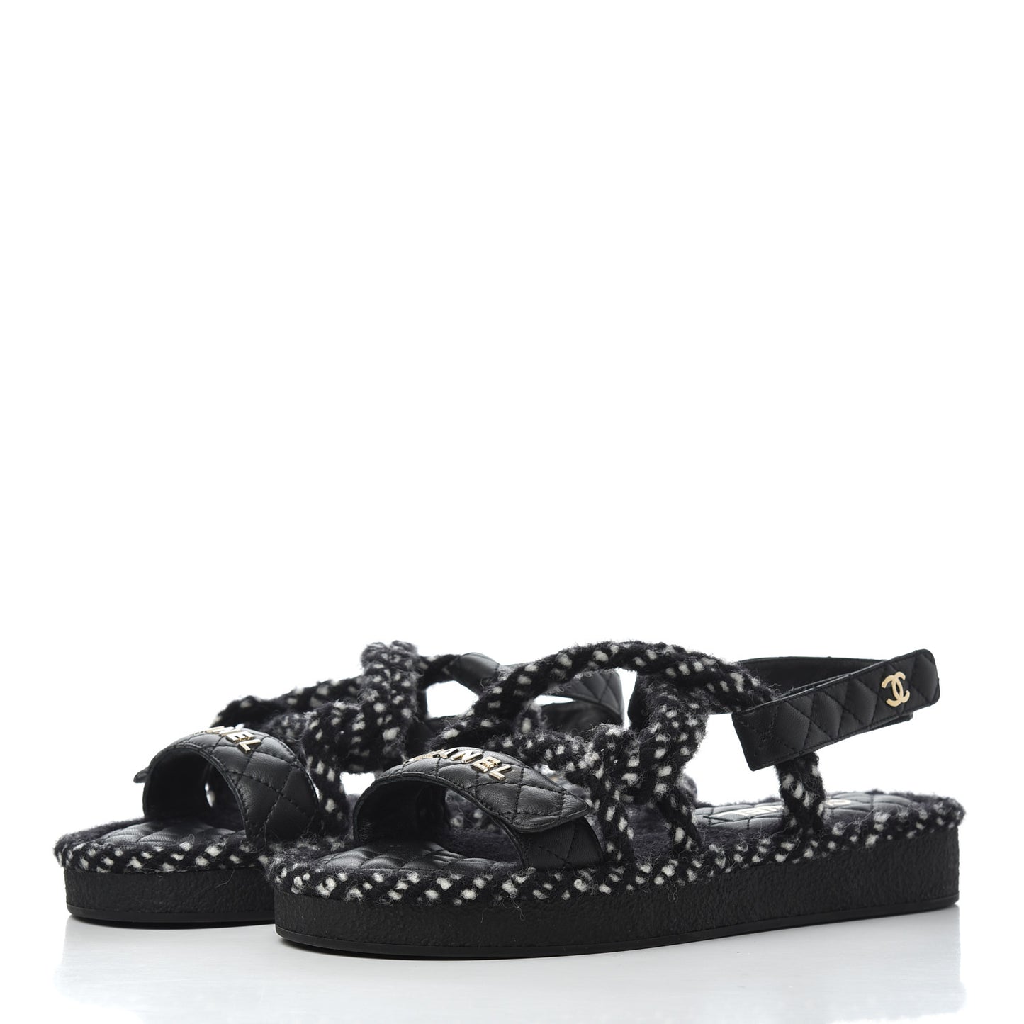 Cord Lambskin Quilted Logo Sandals 39 Black White