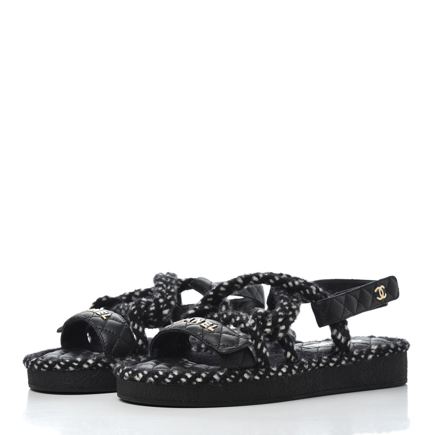 Chanel Cord Lambskin Quilted Logo Sandals 39 Black White 3 of 9