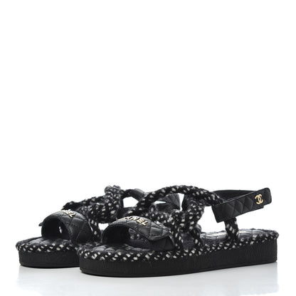 Chanel Cord Lambskin Quilted Logo Sandals 39 Black White 3 of 9