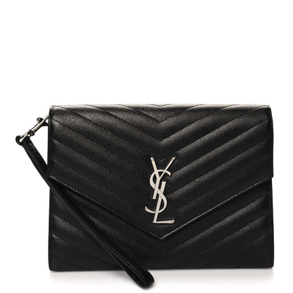 Saint Laurent Grain De Poudre Matelasse Chevron Monogram Envelope Clutch Black 1 of 11