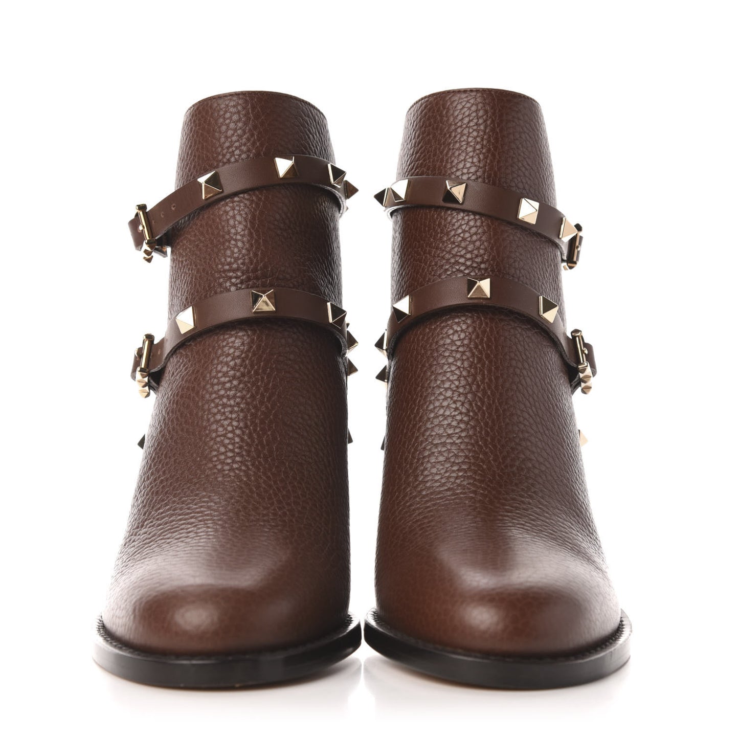 Pebbled Calfskin Rockstud Double Buckle 70mm Block Heel Ankle Boots 36 Light Brown