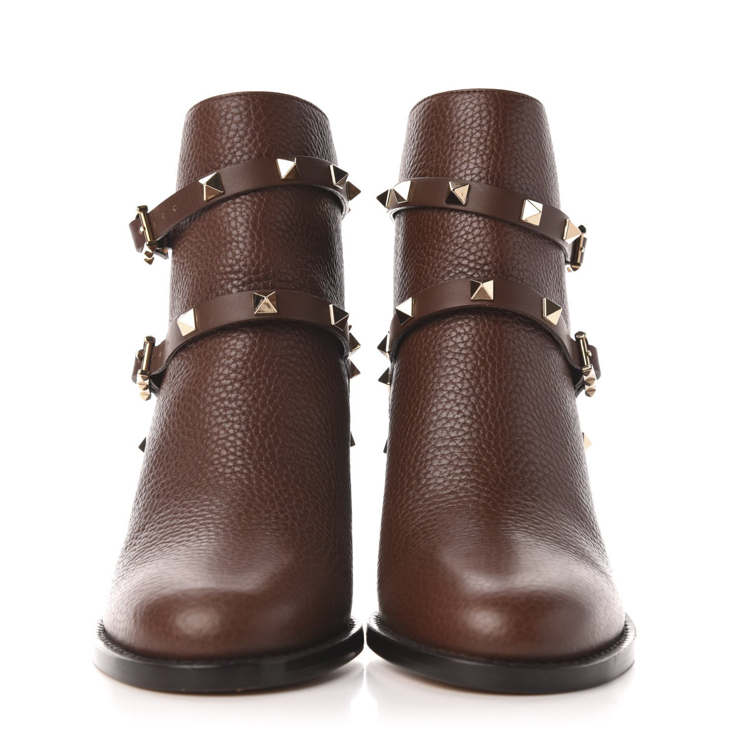 Valentino Garavani Pebbled Calfskin Rockstud Double Buckle 70mm Block Heel Ankle Boots 36 Light Brown 2 of 9