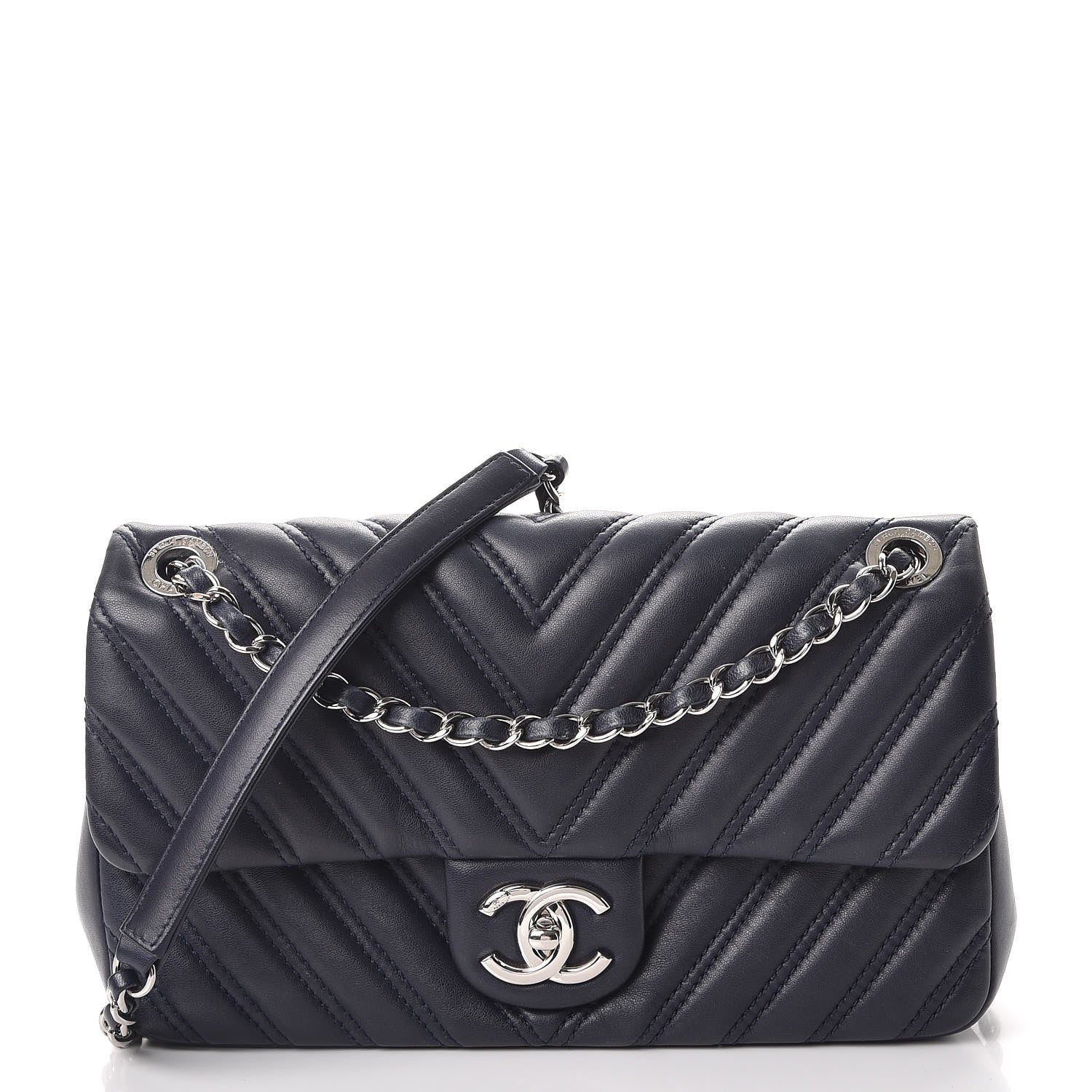 Chanel Lambskin Chevron Double Stitch Medium Single Flap Navy 1 of 10