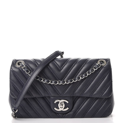 Chanel Lambskin Chevron Double Stitch Medium Single Flap Navy 1 of 10