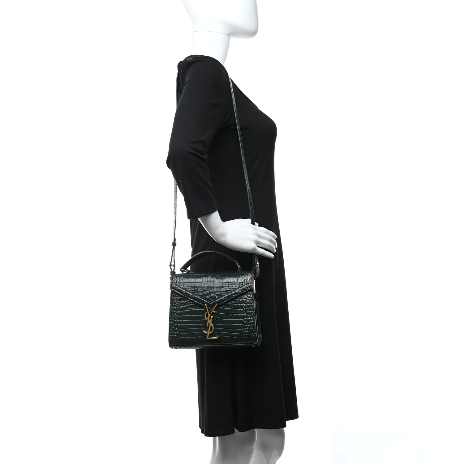 Saint Laurent Calfskin Crocodile Embossed Mini Classic Monogram Cassandra Top Handle Green 2 of 13
