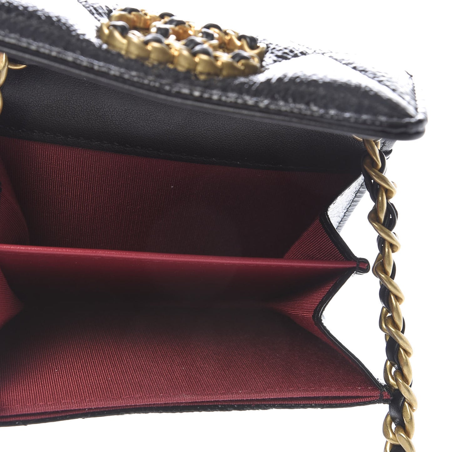 Shiny Crumpled Calfskin Quilted Chanel 19 Flap Coin Purse With Chain Black
