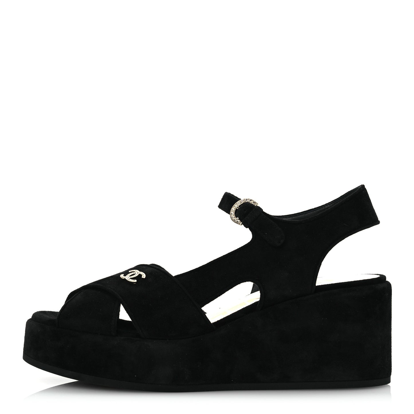 Suede Calfskin Peep Toe Wedge Sandals 40.5 Black
