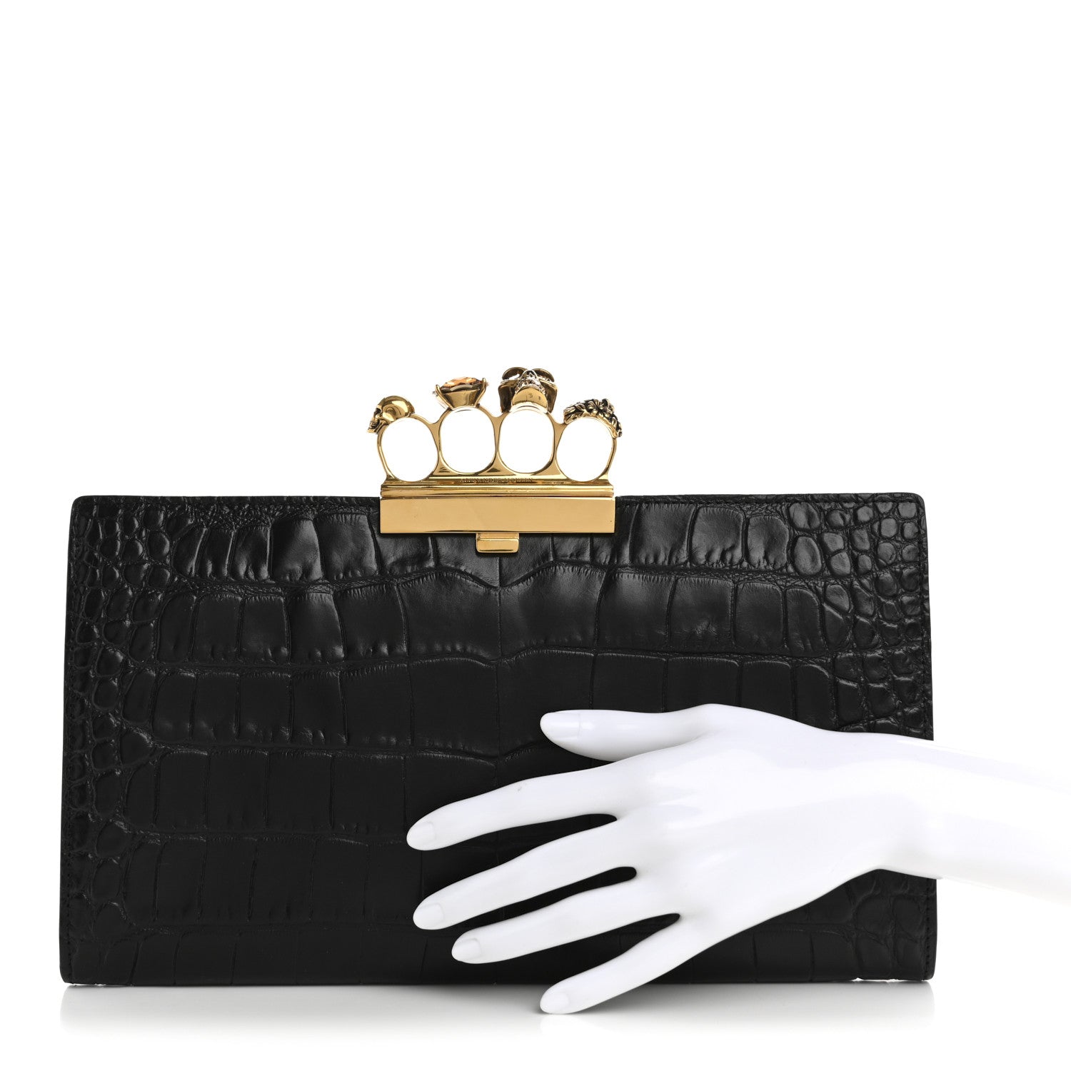 Alexander McQueen Calfskin Crocodile Embossed Knuckle Flat Clutch Black 2 of 11