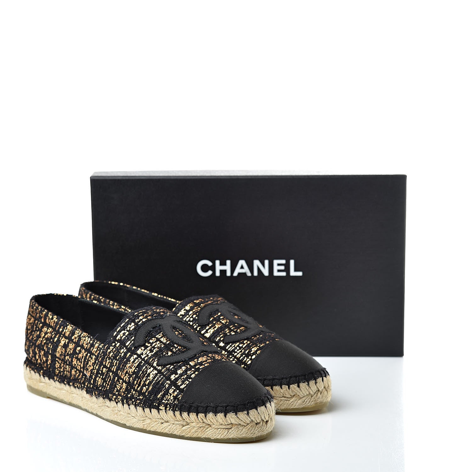 Chanel Metallic Tweed Grosgrain CC Espadrilles 40 Black Gold 12 of 12
