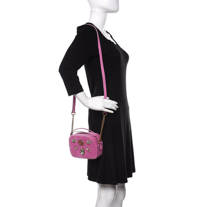 Gucci Velvet Matelasse Marquise Crystals Mini GG Marmont Chain Shoulder Bag Malva 2 of 10