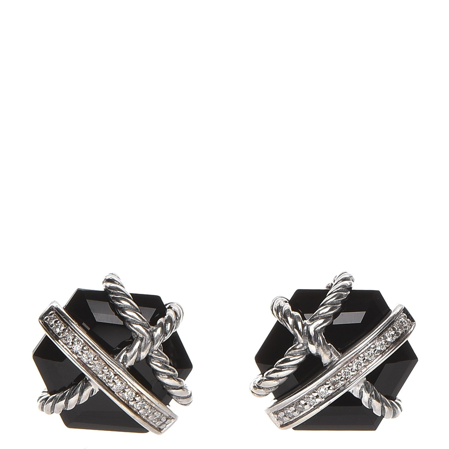 David Yurman Sterling Silver Diamond Black Onyx 11mm Cable Wrap Earrings 1 of 4