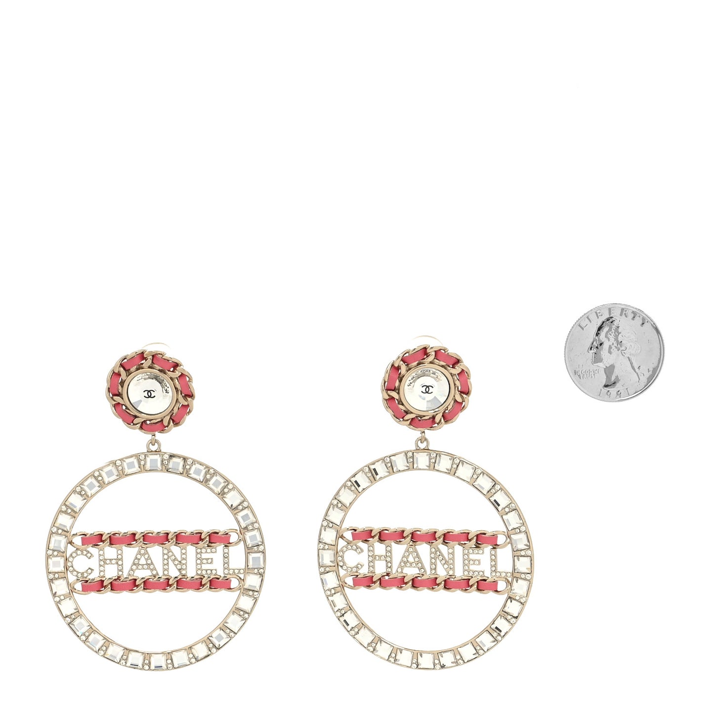 Crystal Lambskin Chain CC Hoop Clip On Earrings Pink Gold