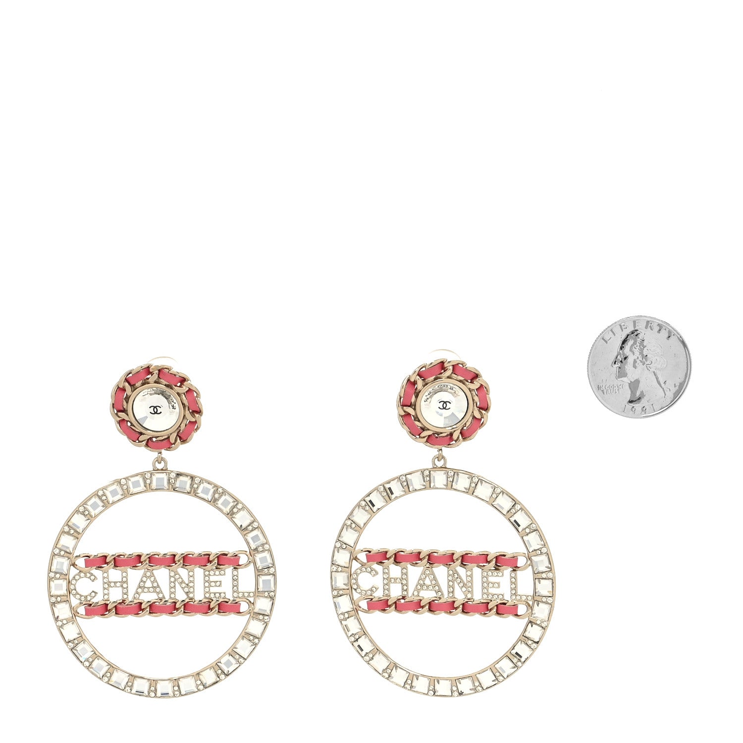 Chanel Crystal Lambskin Chain CC Hoop Clip On Earrings Pink Gold 2 of 4