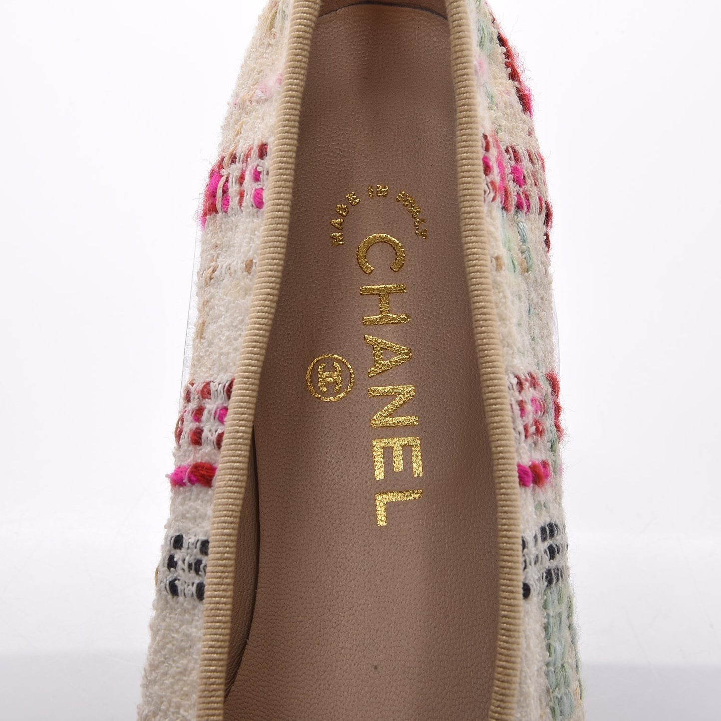 Tweed Calfskin Cap Toe Ballerina Flats 39.5 Beige Multicolor