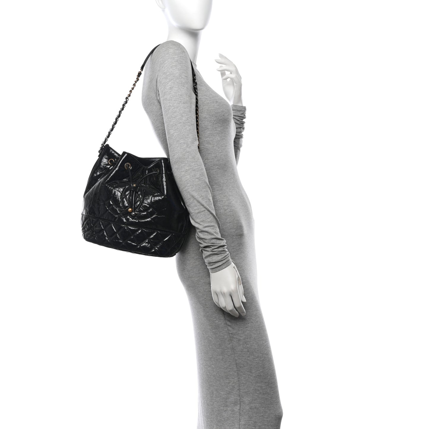 Shiny Aged Calfskin CC Chain Drawstring Bag Black