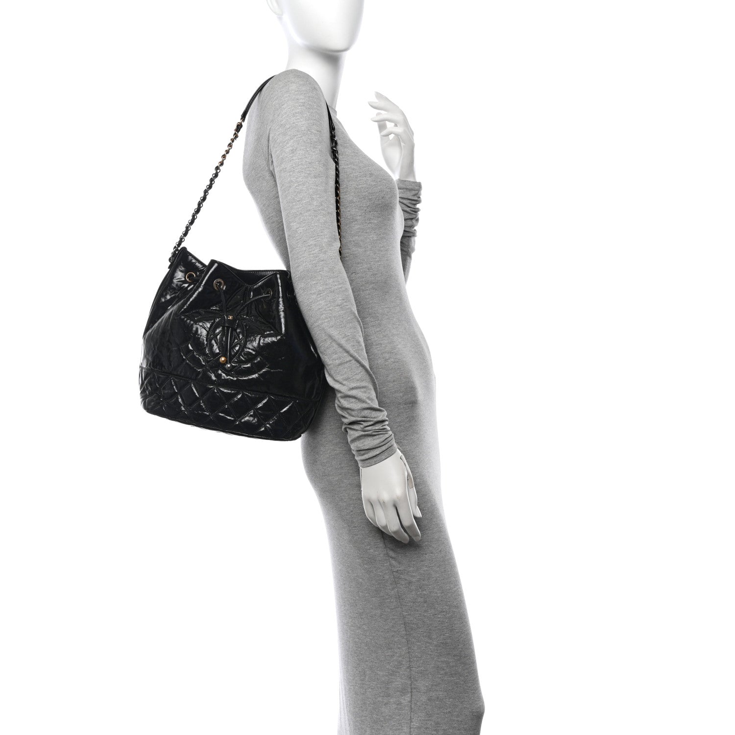 Chanel Shiny Aged Calfskin CC Chain Drawstring Bag Black 2 of 10