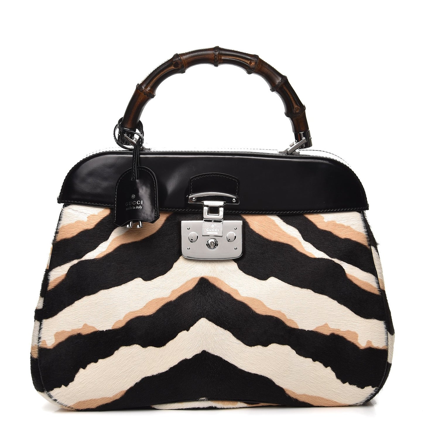 Calf Hair Zebra Print Bamboo Large Lady Lock Top Handle Bag Black White