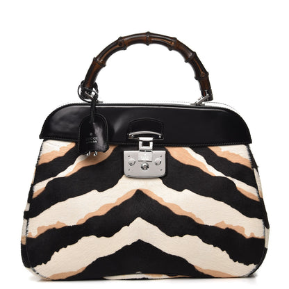 Gucci Calf Hair Zebra Print Bamboo Large Lady Lock Top Handle Bag Black White 1 of 8