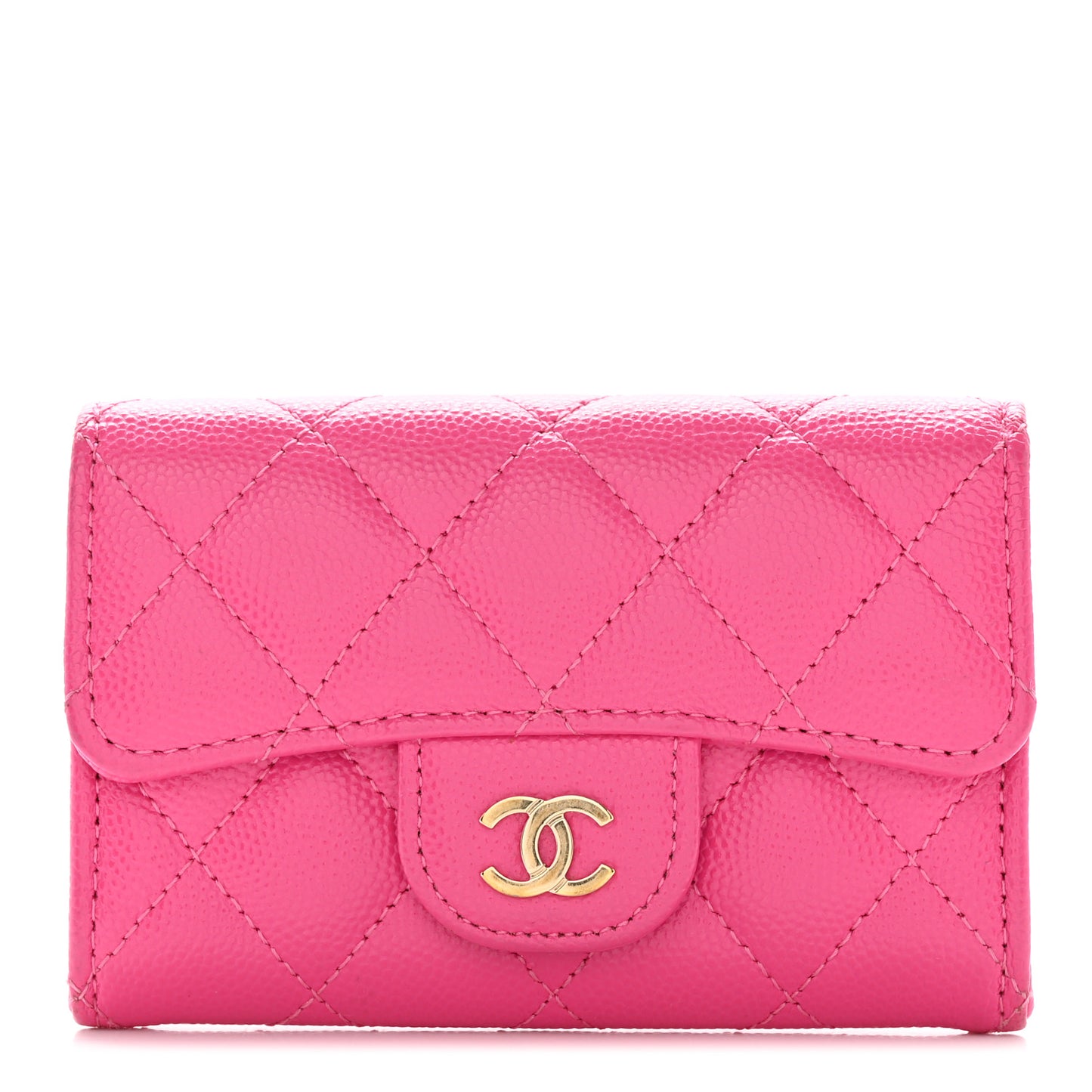 Caviar Quilted Flap Card Holder Wallet Dark Pink