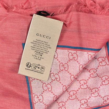 Gucci Modal Silk GG Monogram Big Gold Horsebit Fringe Shawl Pink Sky Blue 3 of 3
