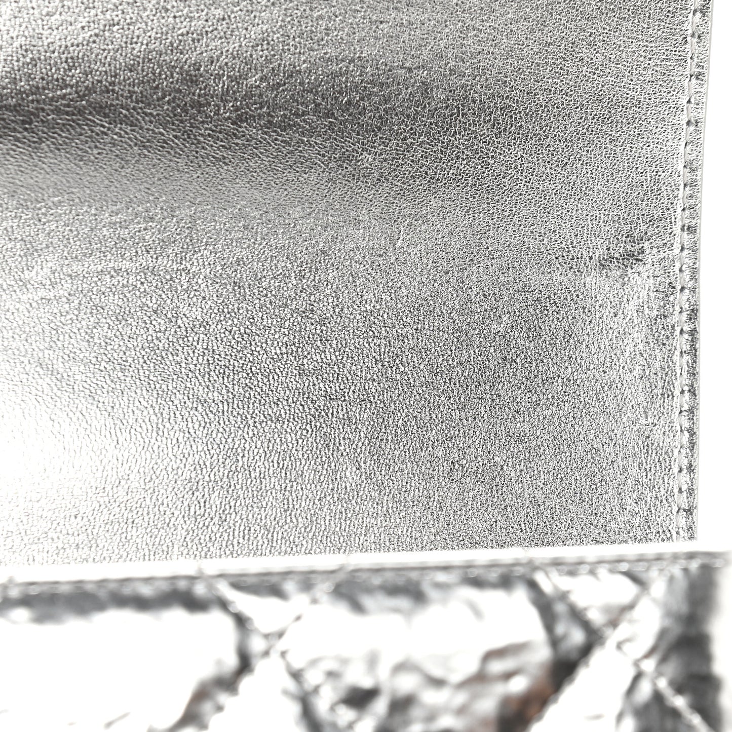 Hammered Metallic Calfskin Quilted Flap Silver