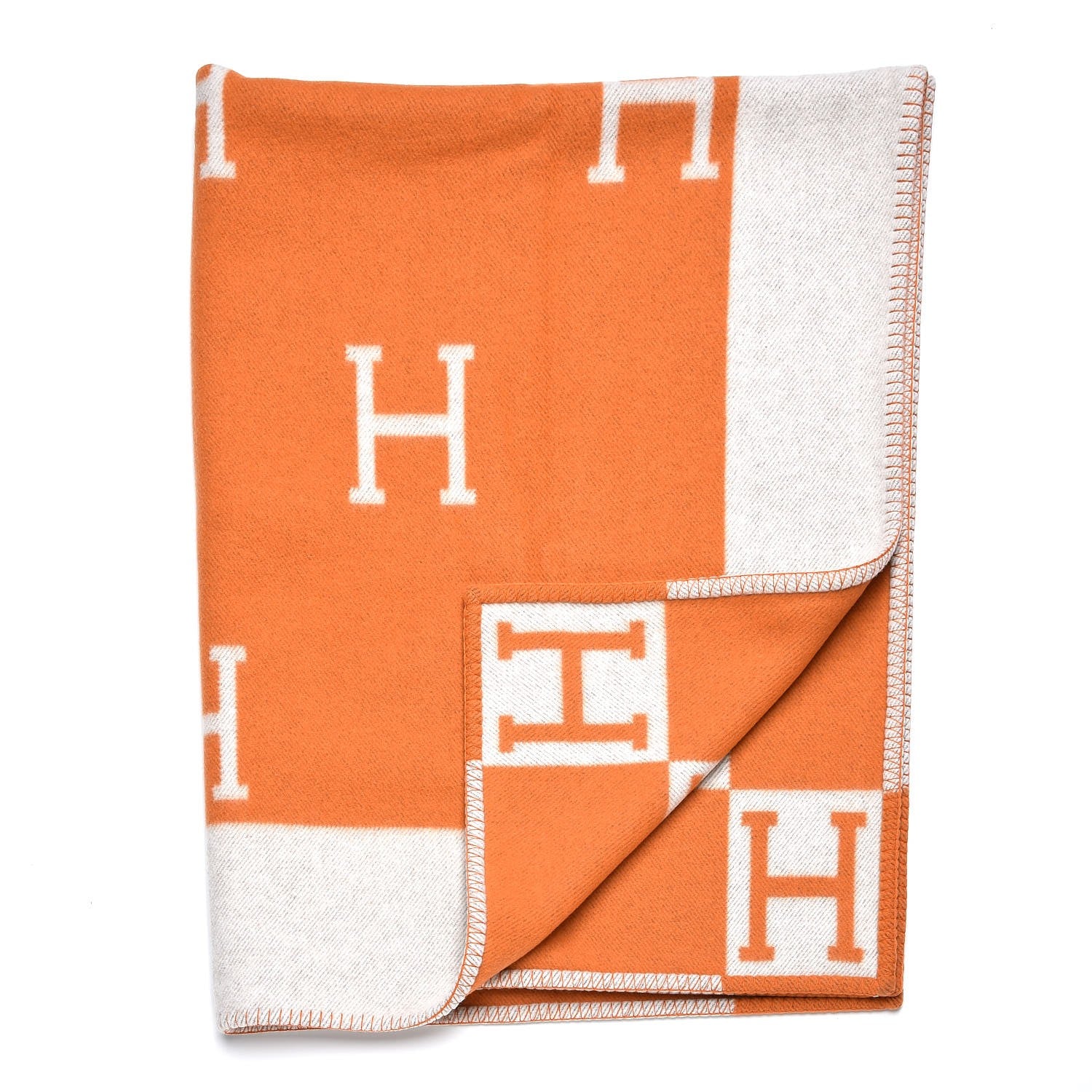 Hermes Wool Cashmere Signature Avalon Blanket Ecru Potiron 3 of 4