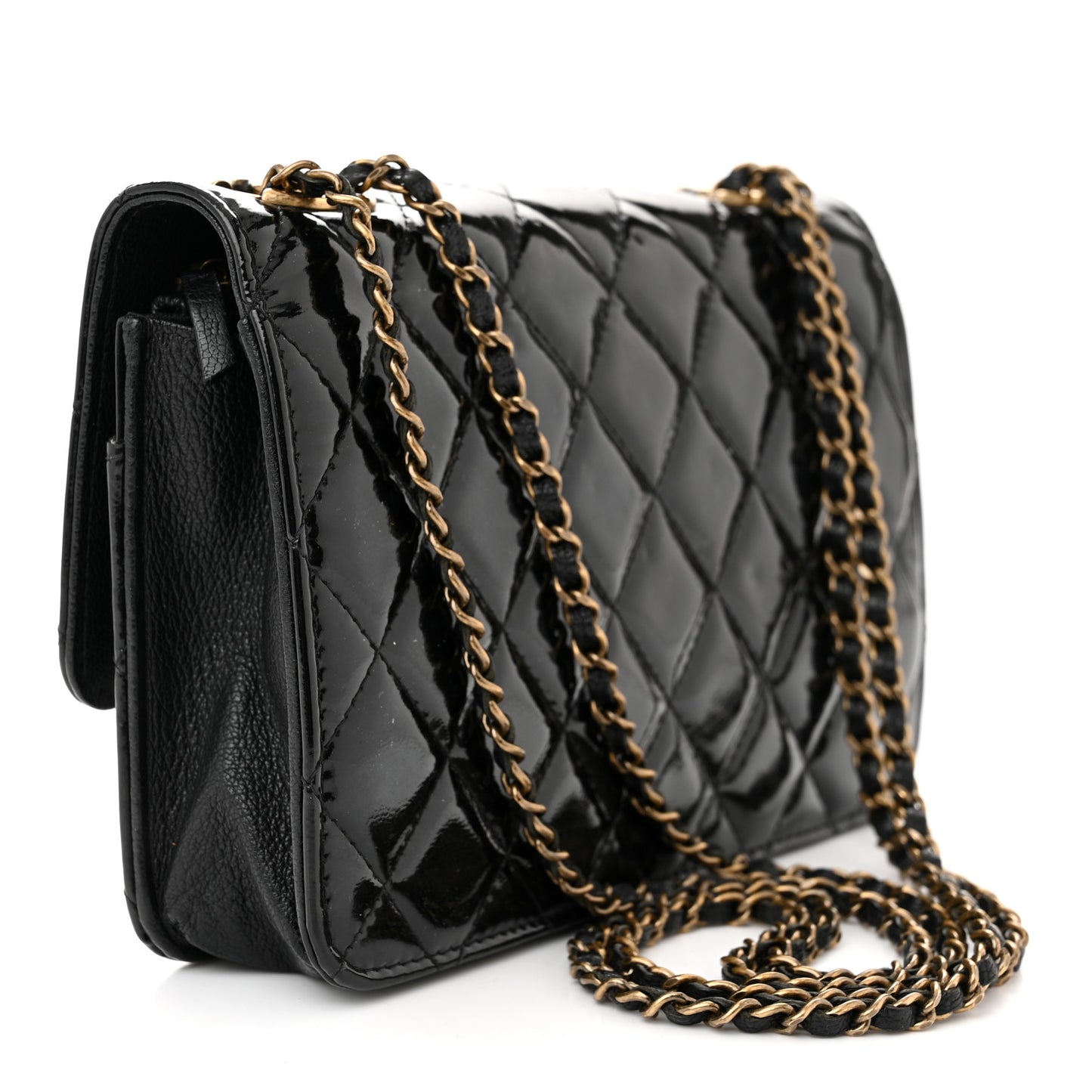 Patent Goatskin Quilted CC Eyelet Wallet On Chain WOC Black