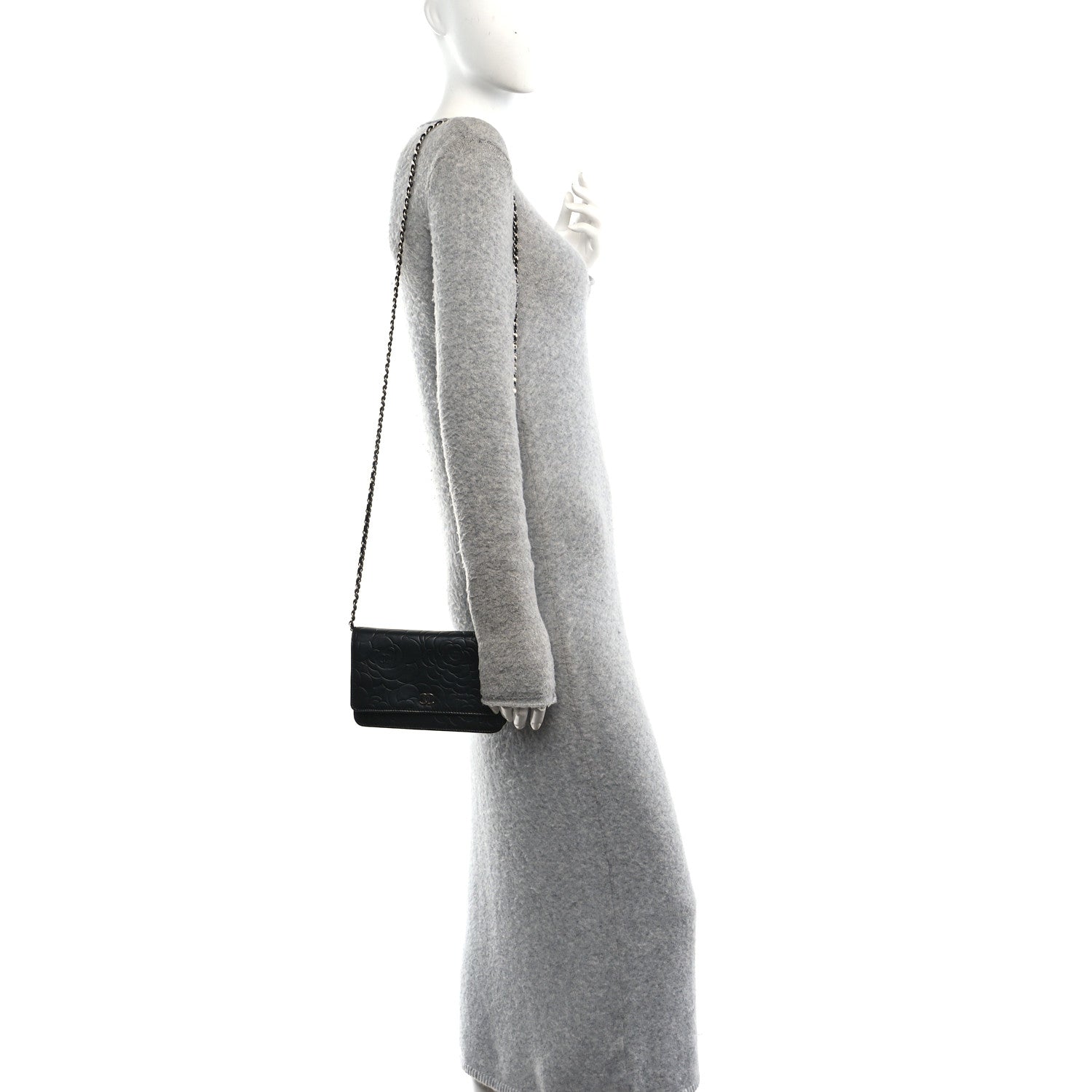 Chanel Lambskin Camellia Embossed Wallet on Chain WOC Black 2 of 11