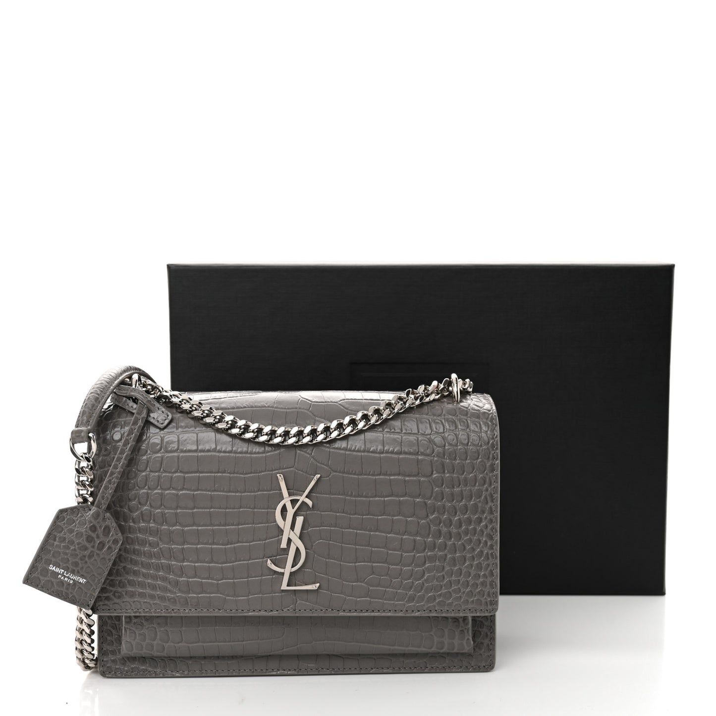 Calfskin Crocodile Embossed Medium Monogram Sunset Fog