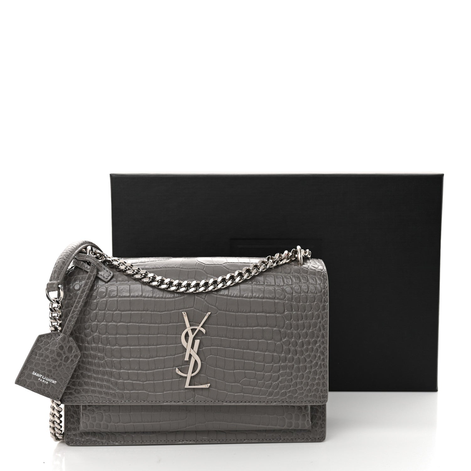 Saint Laurent Calfskin Crocodile Embossed Medium Monogram Sunset Fog 14 of 14