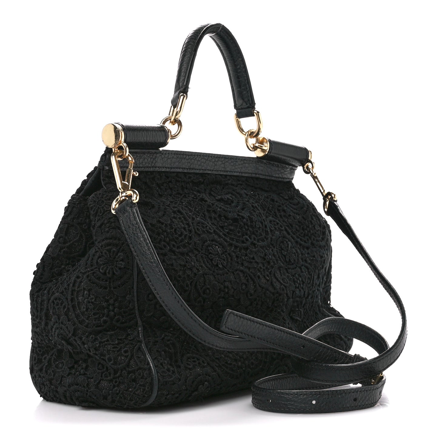 DOLCE & GABBANA Calfskin Lace Miss Sicily Satchel Black