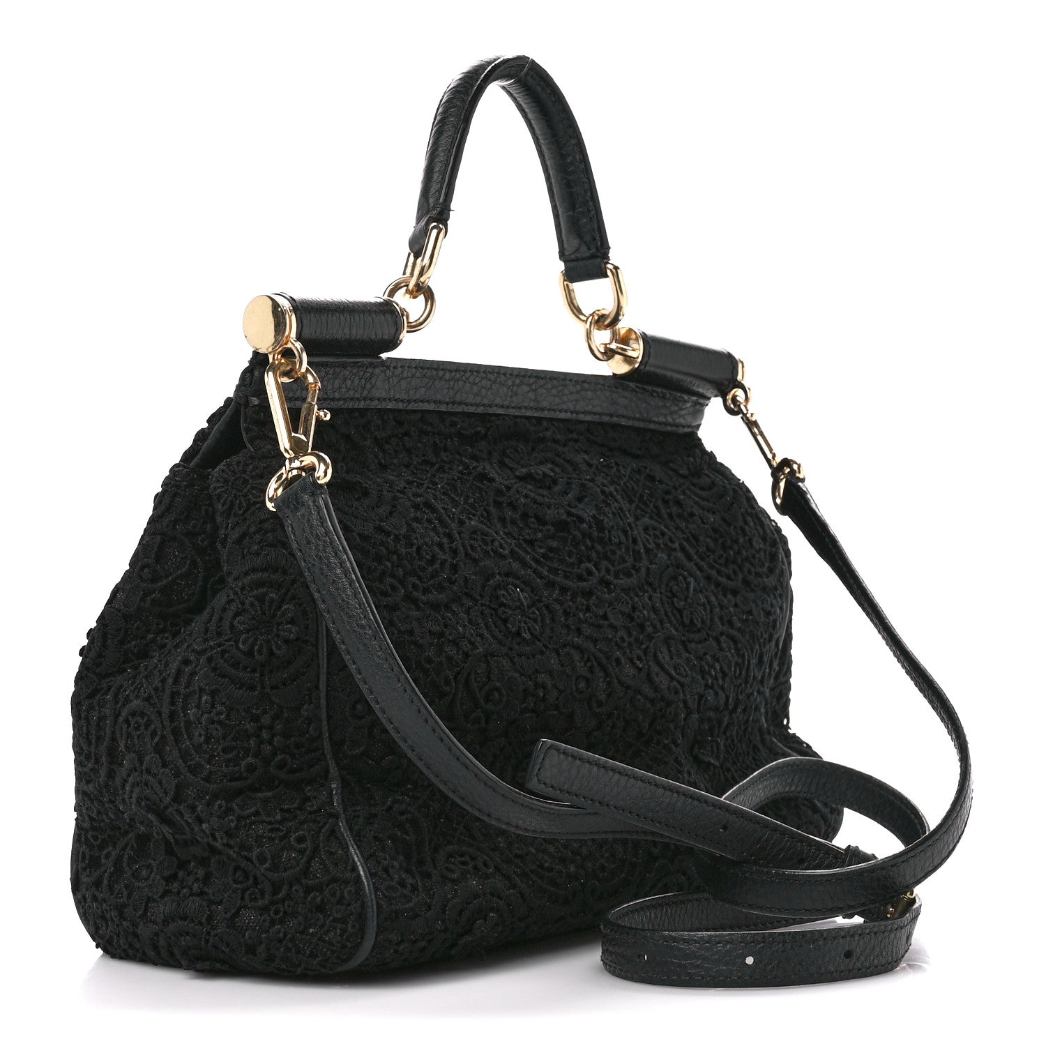 Dolce & Gabbana DOLCE & GABBANA Calfskin Lace Miss Sicily Satchel Black 3 of 14