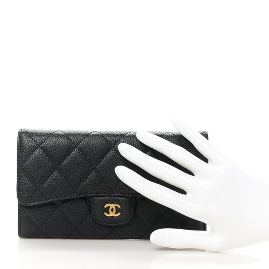 Caviar Quilted Long Flap Wallet Black