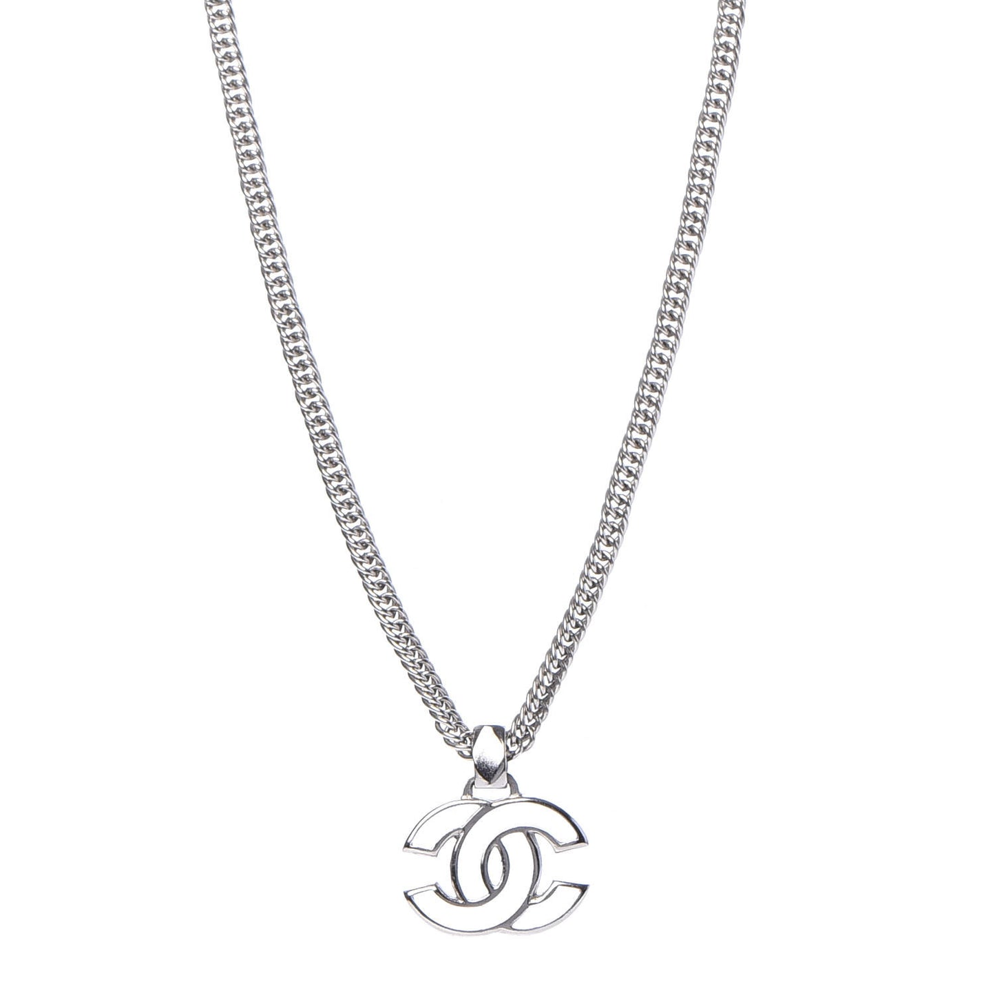 Metal Enamel CC Necklace Silver White