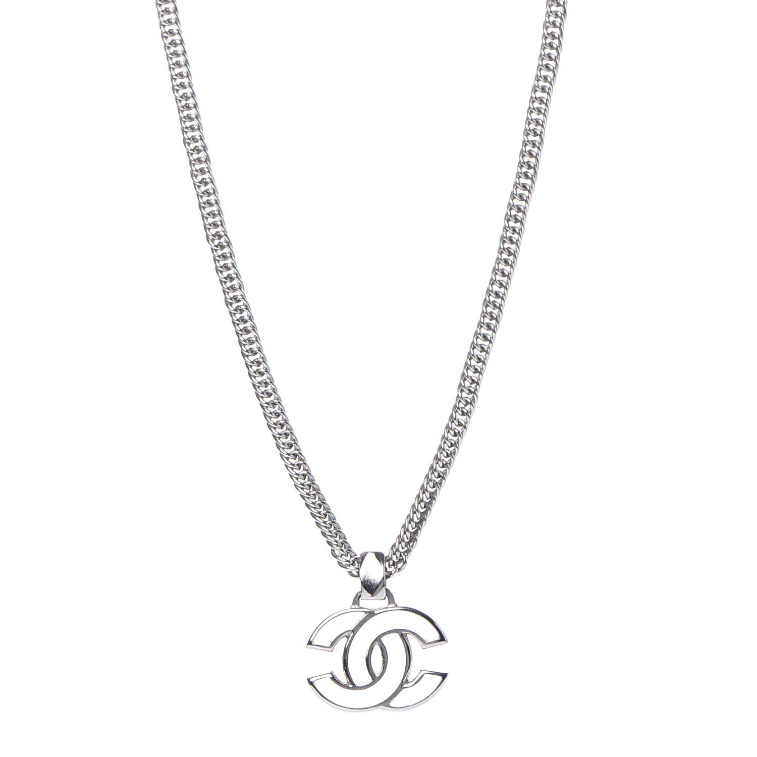Chanel Metal Enamel CC Necklace Silver White 1 of 6