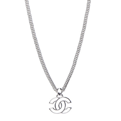 Chanel Metal Enamel CC Necklace Silver White 1 of 6