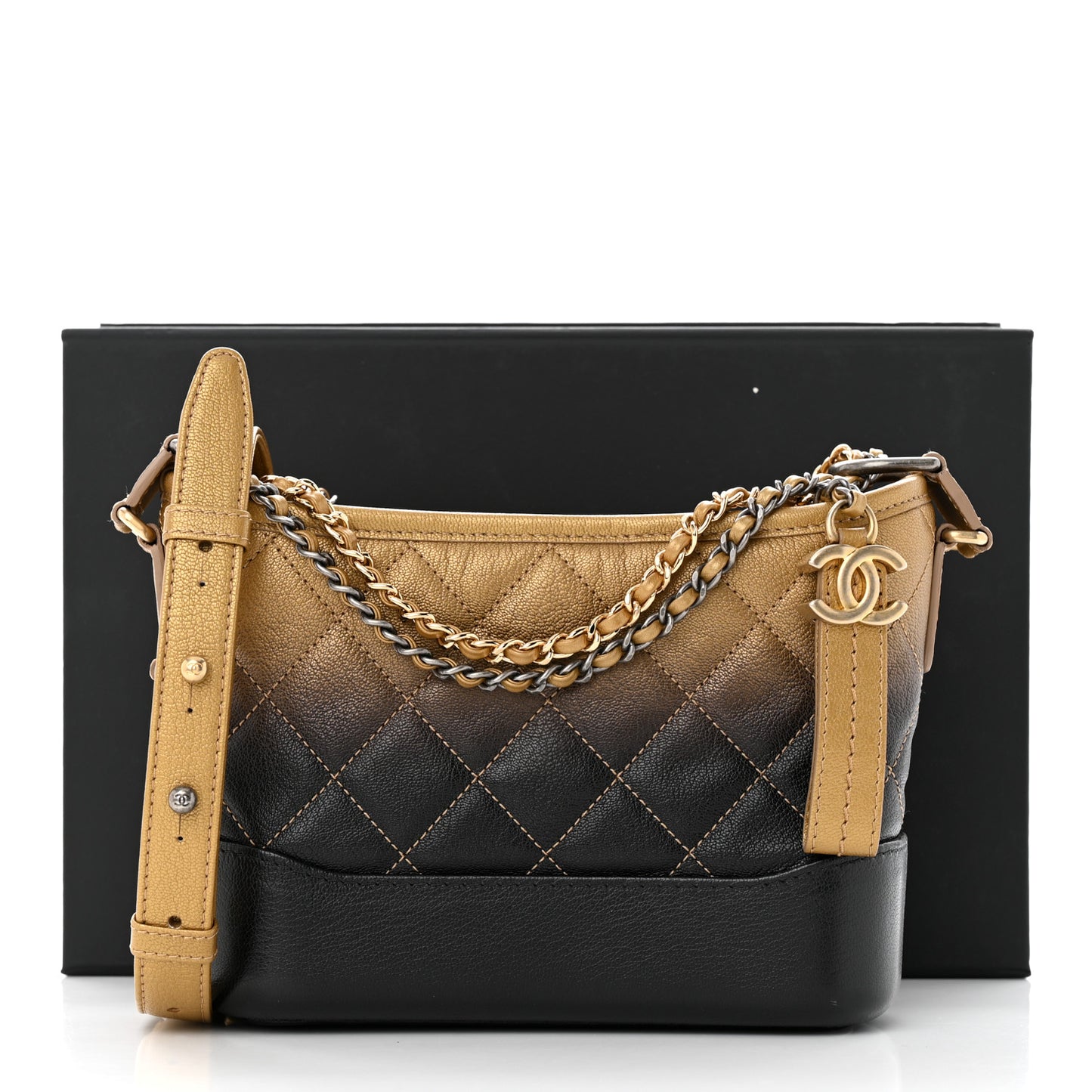 Metallic Goatskin Quilted Small Gabrielle Hobo Gold Black