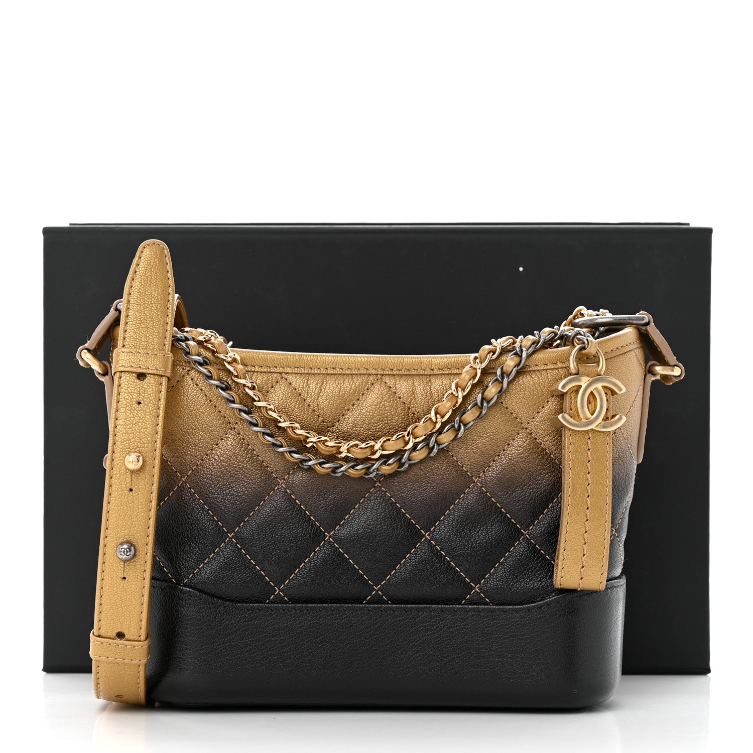 Chanel Metallic Goatskin Quilted Small Gabrielle Hobo Gold Black 11 of 11