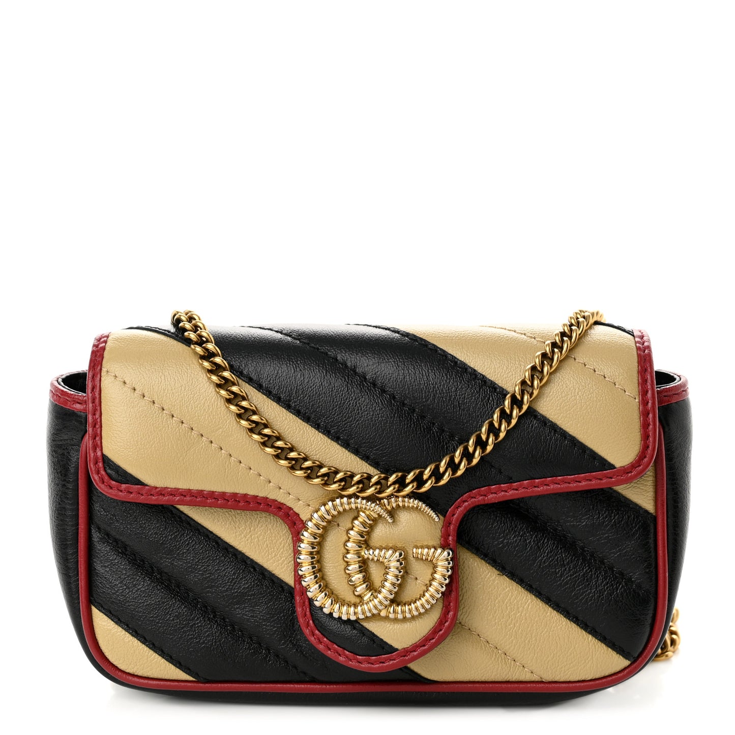 Vintage Effect Calfskin Matelasse Diagonal Striped Super Mini Torchon GG Marmont Shoulder Bag Black Beige