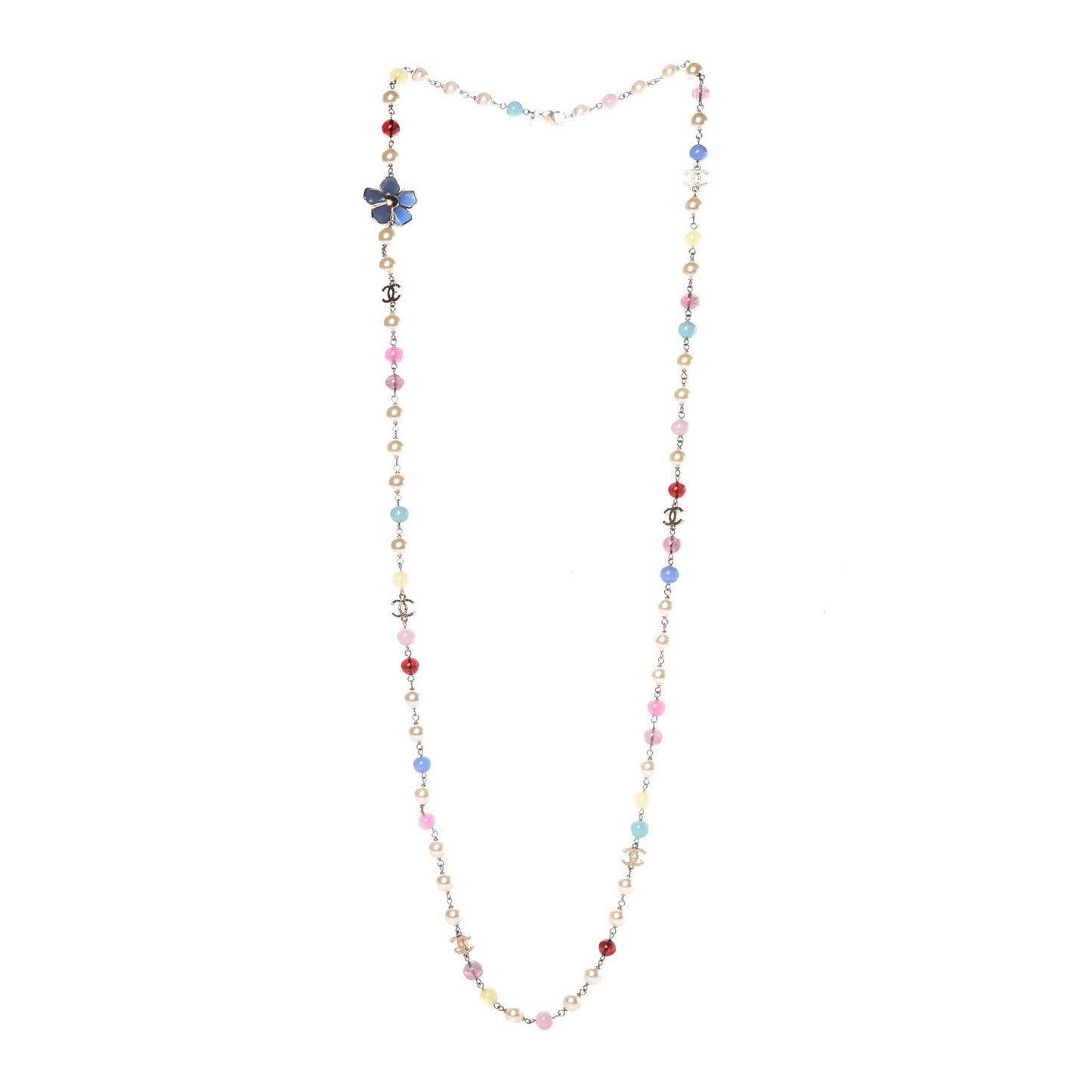 Pearl Beaded Flower Enamel CC Long Necklace Gold Multicolor