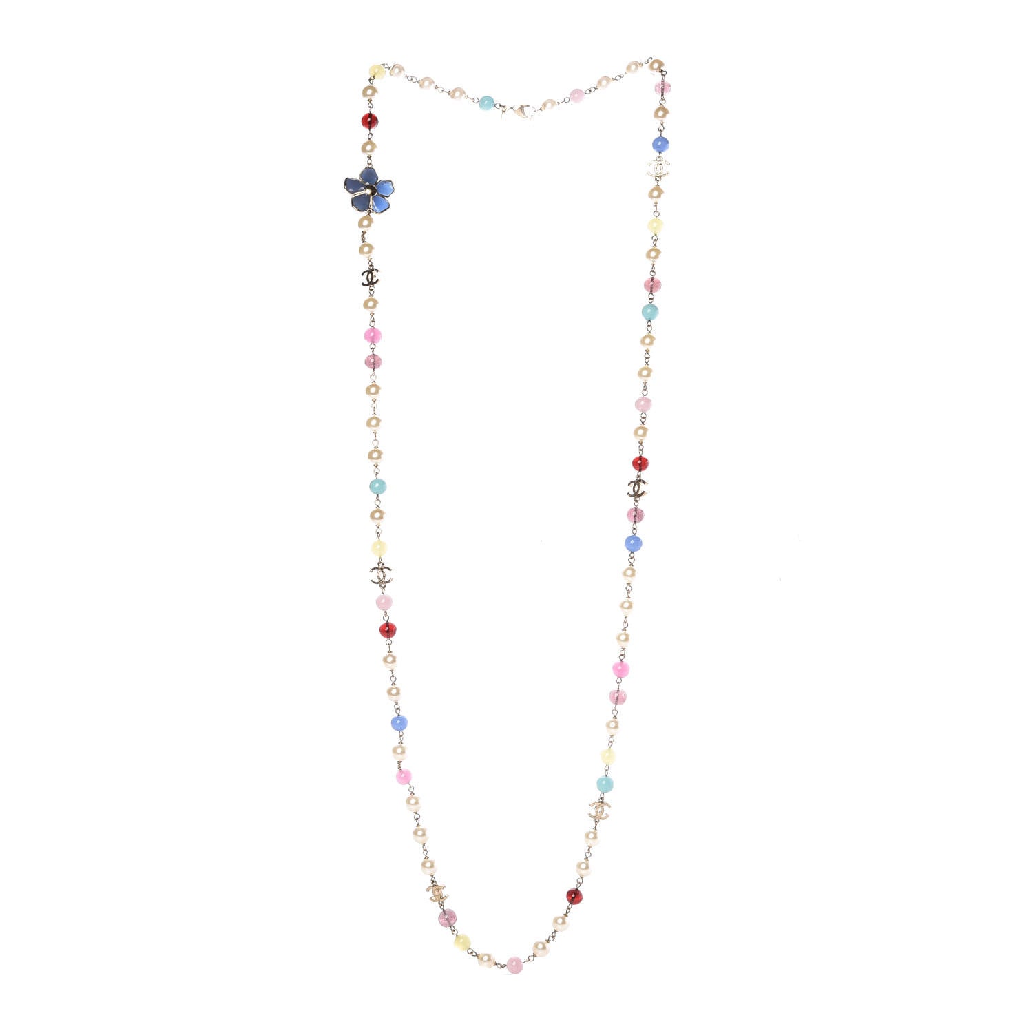 Chanel Pearl Beaded Flower Enamel CC Long Necklace Gold Multicolor 2 of 8