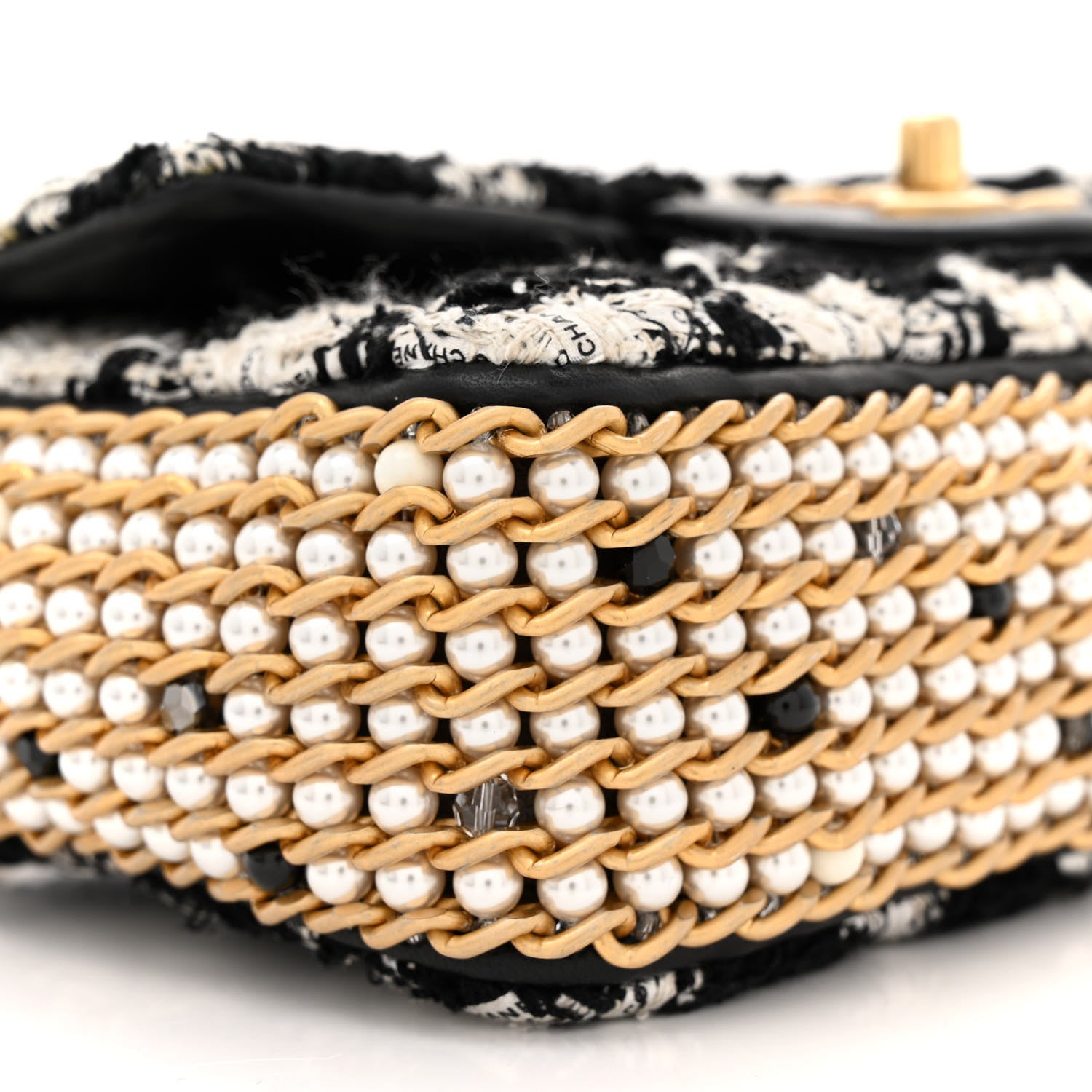 Chanel Tweed Quilted Mini Side Pearl Flap Bag Black Ecru White 9 of 12