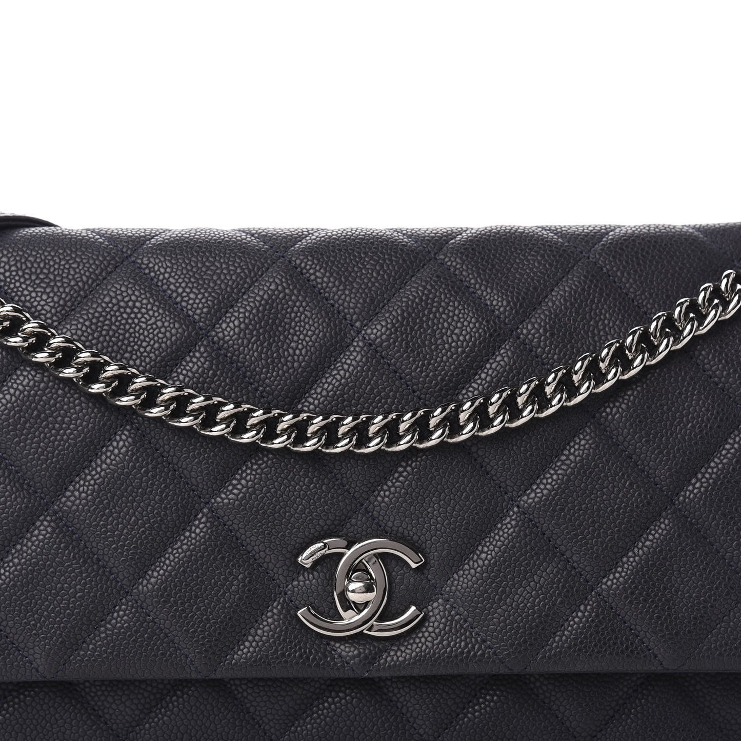 Iridescent Caviar Quilted Medium Lady Pearly Flap Navy Blue