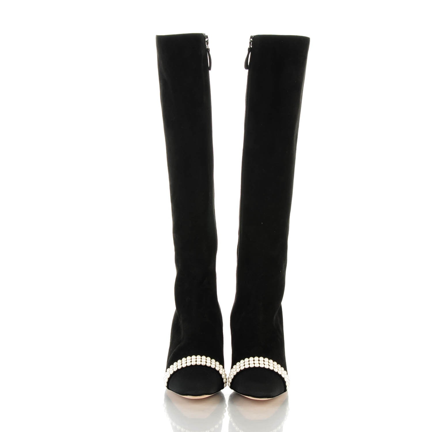 Chanel Suede Grosgrain Pearl CC Cap Toe High Boots 37 Black 2 of 7