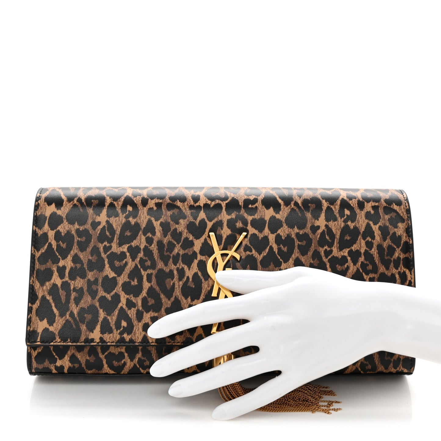 Calfskin Heart Leopard Printed Classic Monogram Kate Tassel Clutch Naturale