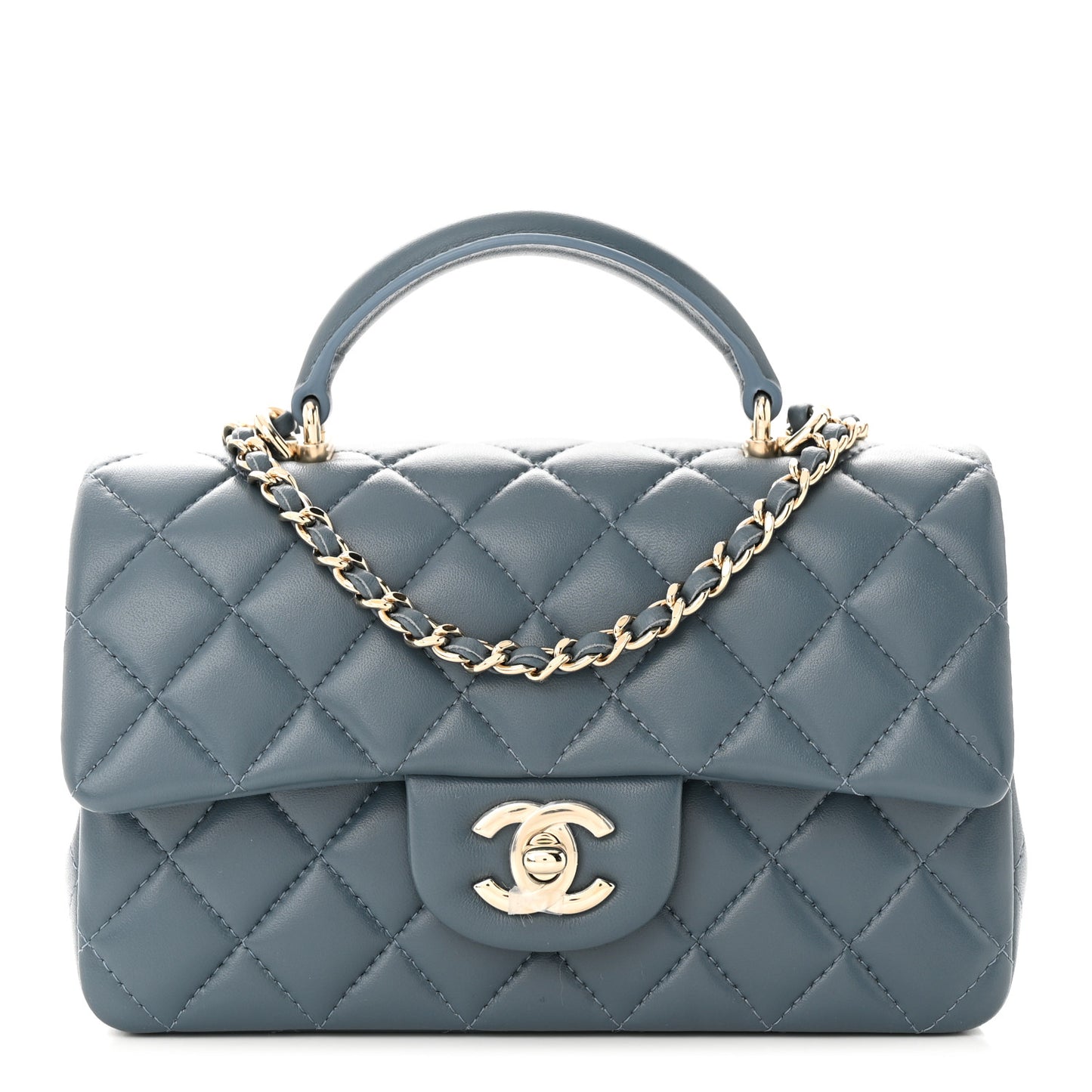 Lambskin Quilted Mini Top Handle Rectangular Flap Blue